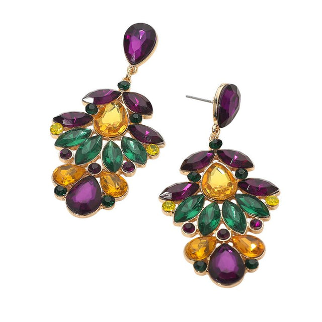 Gold Elegant statement drop earrings featuring a layered, faceted stone design inspired by floral and leaf shapes. Crafted to catch the light from every angle, these earrings add dramatic sophistication to evening looks, special occasions, and boutique collections seeking bold, standout accessories.