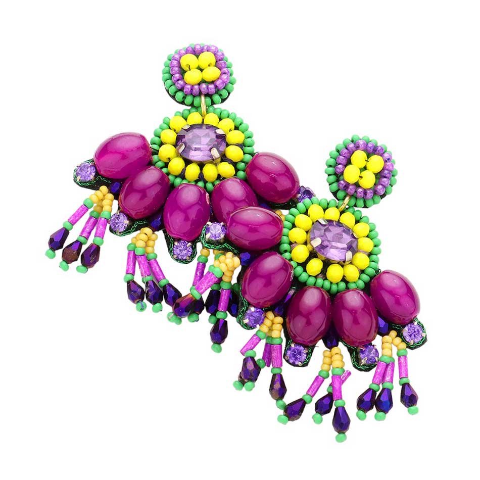 Mardi Gras Multi Beaded Dangle Earrings, These earrings feature a unique design with multiple beads and dangles, perfect for adding a touch of fun and flair to any outfit. Handcrafted with high-quality materials, these earrings are lightweight and comfortable to wear. Celebrate in style with these stunning earrings.