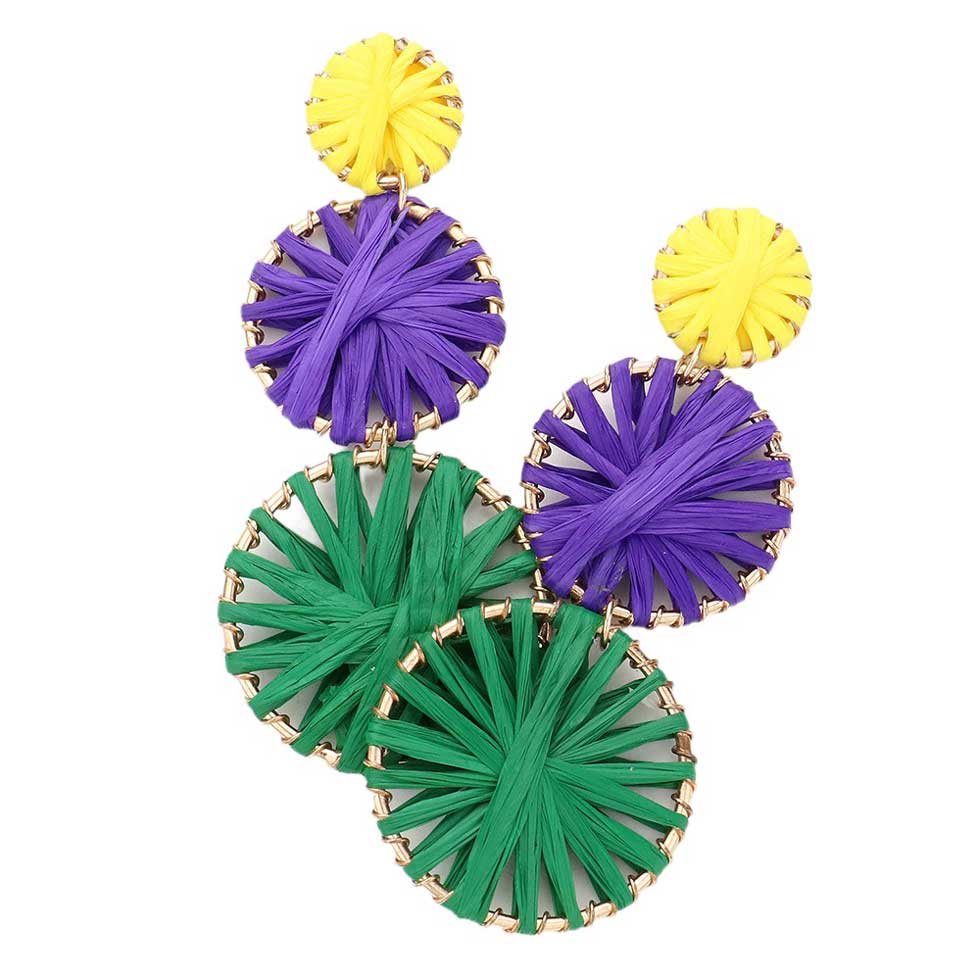 Mardi Gras Raffia Disc Link Dangle Earrings, Add a touch of colorful celebration to your outfit with these. Made with vibrant raffia and featuring a disk link design, these earrings are perfect for any festive occasion. Lightweight and eye-catching, they are the perfect accessory for any festive or everyday outfit.