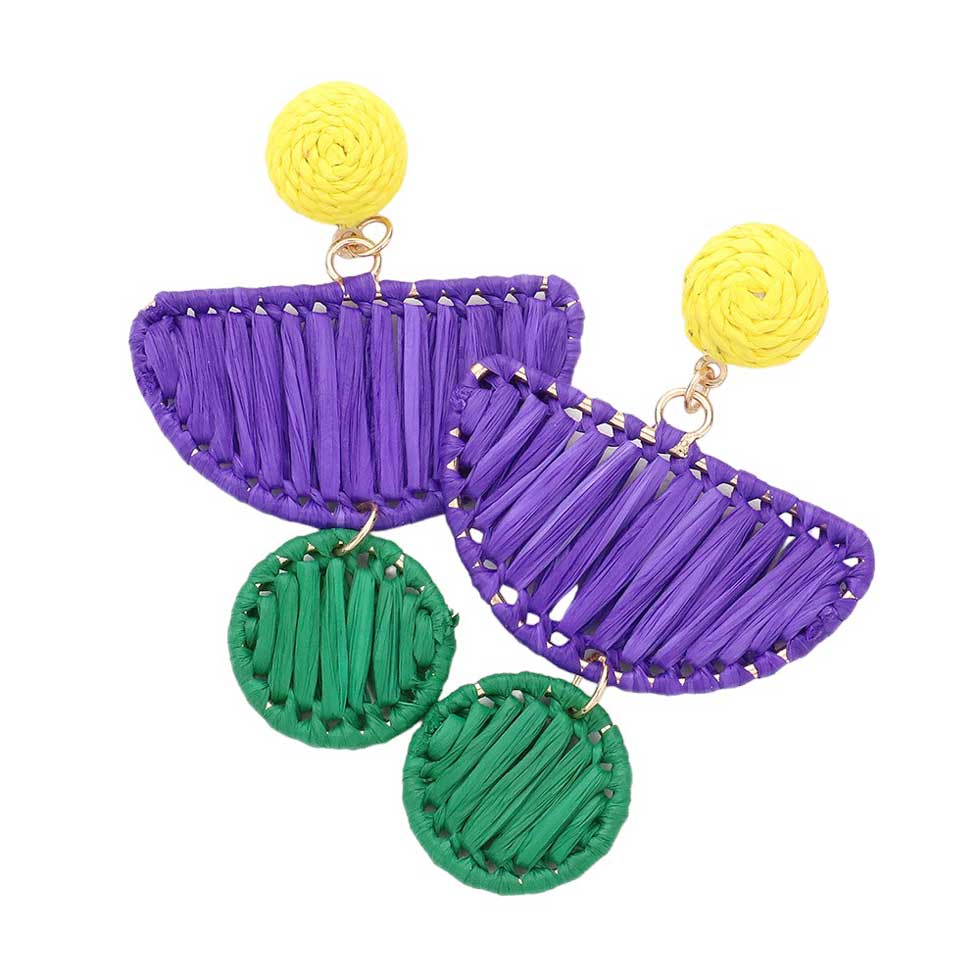 Mardi Gras Raffia Half Moon Circle Dangle Earrings, Upgrade your Mardi Gras outfit with our vibrant half-moon dangle earrings. Made with high-quality materials, these earrings will add a touch of elegance and fun to your look. Perfect for all occasions, these earrings are a must-have for any fashion-forward individual.
