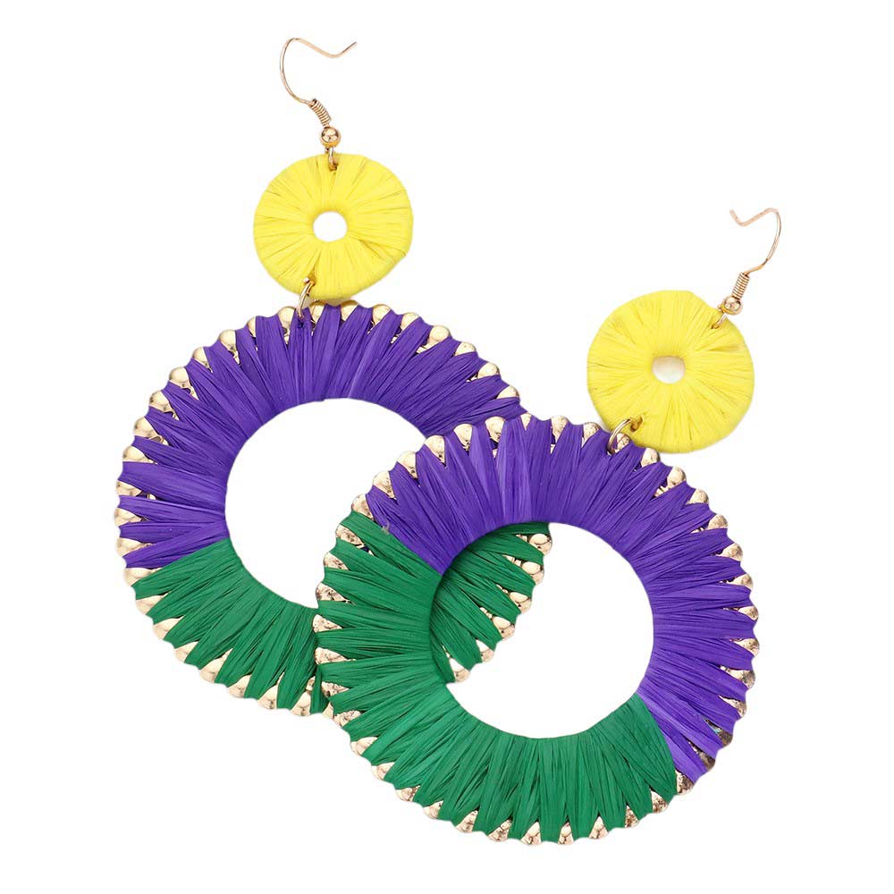 Mardi Gras Raffia Open Circle Dangle Earrings, Add a touch of colorful celebration to your outfit with these. Made with vibrant raffia and featuring an open circle design, these earrings are perfect for any festive occasion. Lightweight and eye-catching, they are the perfect accessory for any festive or everyday outfit