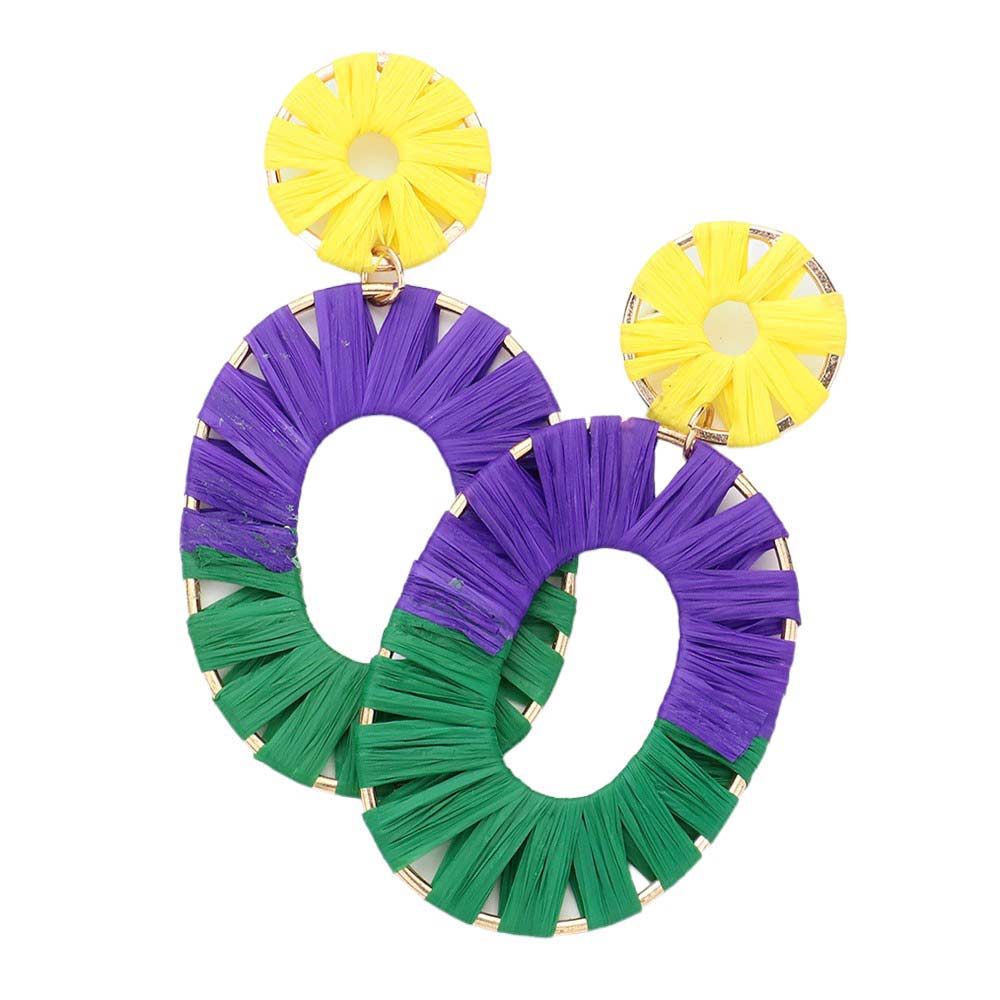 Mardi Gras Raffia Oval Dangle Earrings, Add a touch of vibrant color and playful charm to your outfit with these. Handcrafted with natural raffia fibers, these earrings are lightweight and comfortable to wear. Perfect for any occasion, these earrings are a fun and unique addition to your jewelry collection.
