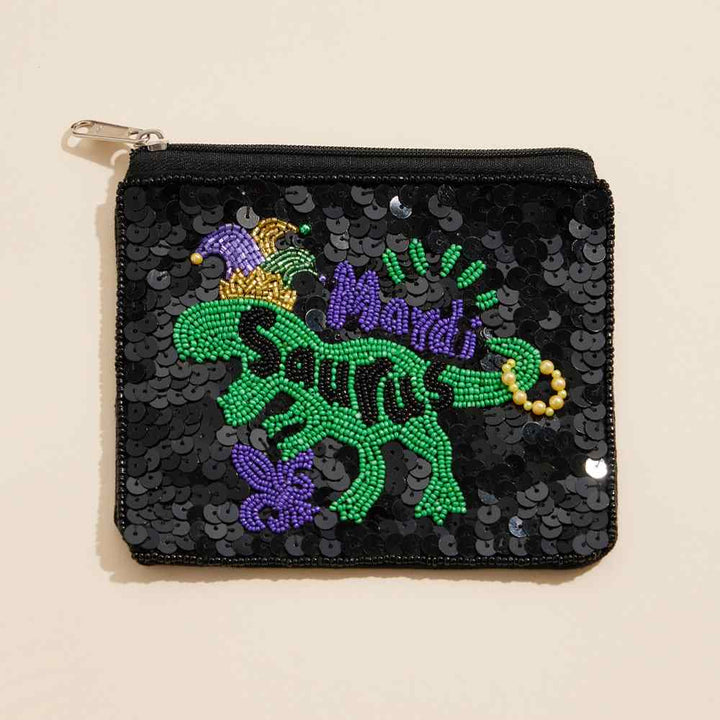 Mardi Gras Saurus Sequin Seed Beaded Mini Pouch Bag adds a touch of sparkle to your outfit. Intricate beadwork and playful sequins create a festive and eye-catching design. This compact pouch is perfect for keeping essentials close, making it ideal for special occasions and events.