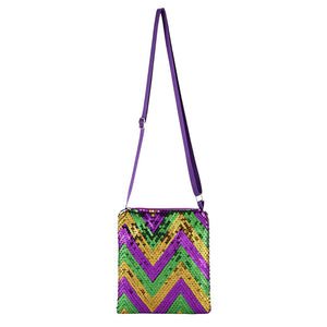 Mardi Gras Sequin Chevron Rectangle Crossbody Bag, This rectangular crossbody bag is a must-have accessory for any Mardi Gras celebration. Its vibrant sequin stripes add a touch of festive flair, while the compact size and crossbody design make it practical and stylish. Add this iconic bag to your collection today.