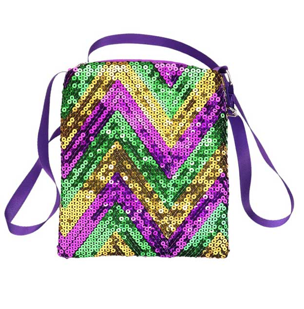 Mardi Gras Sequin Chevron Rectangle Crossbody Bag, This rectangular crossbody bag is a must-have accessory for any Mardi Gras celebration. Its vibrant sequin stripes add a touch of festive flair, while the compact size and crossbody design make it practical and stylish. Add this iconic bag to your collection today.