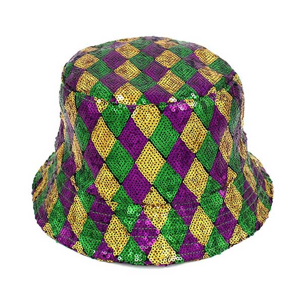 Mardi Gras Sequin Reversible Bucket Hat. Stay chic and festive with our Mardi Gras Sequin Perfect for any celebration, the reversible design allows you to switch up your look effortlessly. With its eye-catching sequins, you'll be sure to stand out in style. Stay on trend with this must-have accessory.