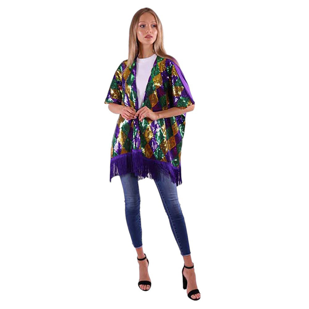 Sequin Tassel Kimono Poncho, Elevate your Mardi Gras style game with this stylish kimono poncho. Dazzle in the vibrant sequins while staying comfortable in the lightweight, flowy fabric. Perfect for the festival or a night out, this unique piece will make you stand out in the crowd. It is an ideal festive gift idea.