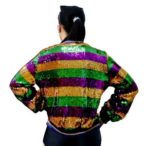 Mardi Gras Sequin Zipper Jacket, Get ready to party in style with this contemporary Mardi Gras jacket. Made with high-quality sequins and a convenient zipper closure, this jacket will make you stand out at any Mardi Gras celebration. Experience the fun and glamour of the carnival season with this must-have item.