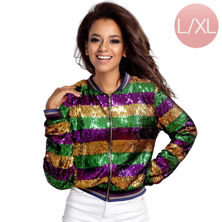 S-M Mardi Gras Sequin Zipper Jacket, Get ready to party in style with this contemporary Mardi Gras jacket. Made with high-quality sequins and a convenient zipper closure, this jacket will make you stand out at any Mardi Gras celebration. Experience the fun and glamour of the carnival season with this must-have item.