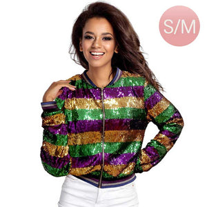 S-M Mardi Gras Sequin Zipper Jacket, Get ready to party in style with this contemporary Mardi Gras jacket. Made with high-quality sequins and a convenient zipper closure, this jacket will make you stand out at any Mardi Gras celebration. Experience the fun and glamour of the carnival season with this must-have item.
