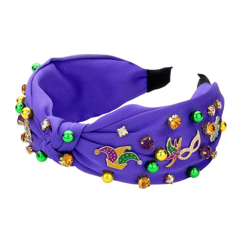 Mardi Gras Stone Fleur de Lis Knot Headband, Add a touch of elegance to your Mardi Gras ensemble with our specially designed Mardi Gras headband. This statement piece features a stunning Fleur de Lis design embellished with colorful stones. Guaranteed to elevate your look and make you stand out at any celebration.