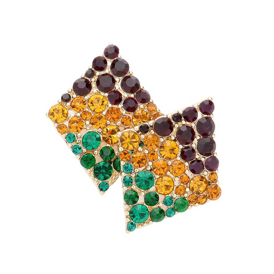 Mardi Gras Stone Paved Rhombus Earrings, Add a pop of color and sparkle to your Mardi Gras attire with these earrings. Crafted with attention to detail, these earrings are designed to elevate your look and bring an elegant touch to your outfit. Perfect for any occasion, make a statement with these dazzling earrings.