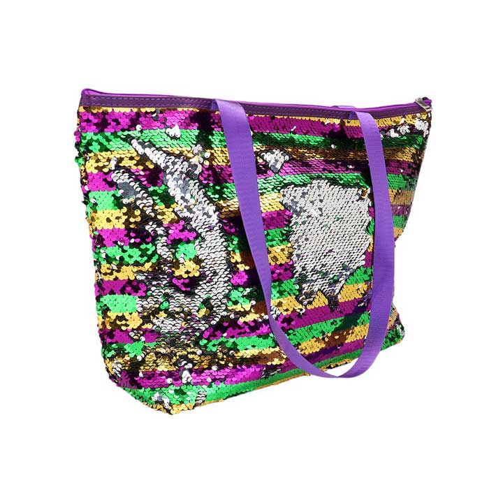 Mardi Gras Stripe Sequin Tote Shoulder Bag is perfect for adding a touch of fun and sparkle to your outfit. With its vibrant stripes and shimmering sequins, it's sure to turn heads. The spacious tote design allows you to carry all your essentials comfortably, making it ideal for everyday use or special occasions.