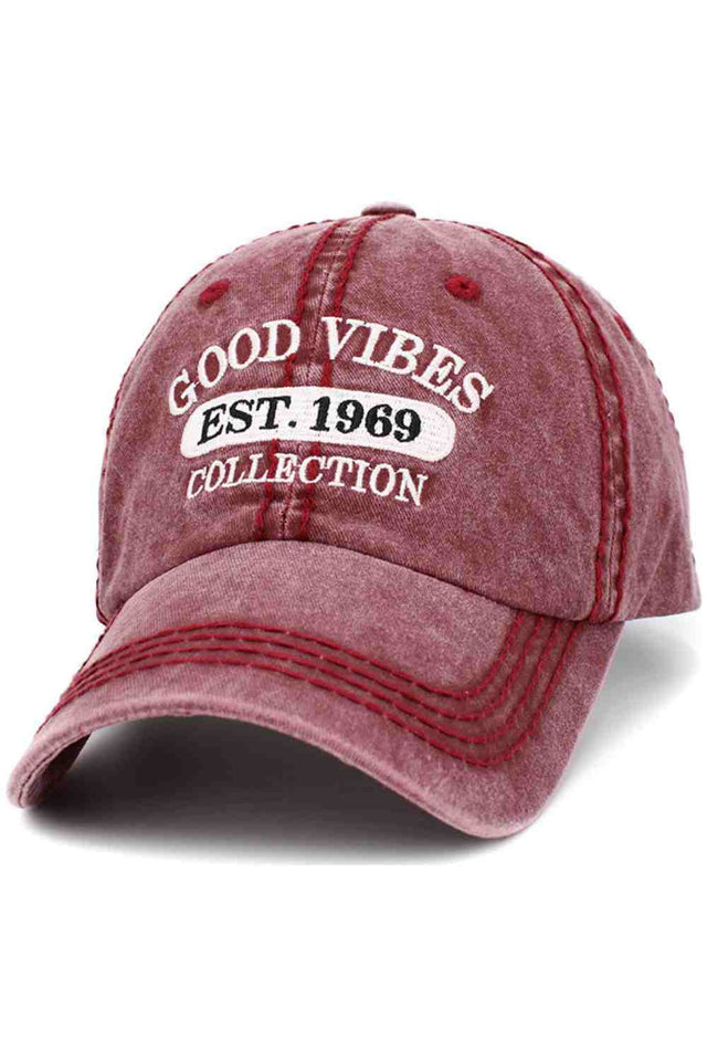 Spread positivity with the Good Vibes Washed Vintage Baseball Cap, featuring a classic distressed look and embroidered Good Vibes message. Comfortable and adjustable, this casual cap adds a cheerful touch to everyday outfits, errands, or weekend adventures