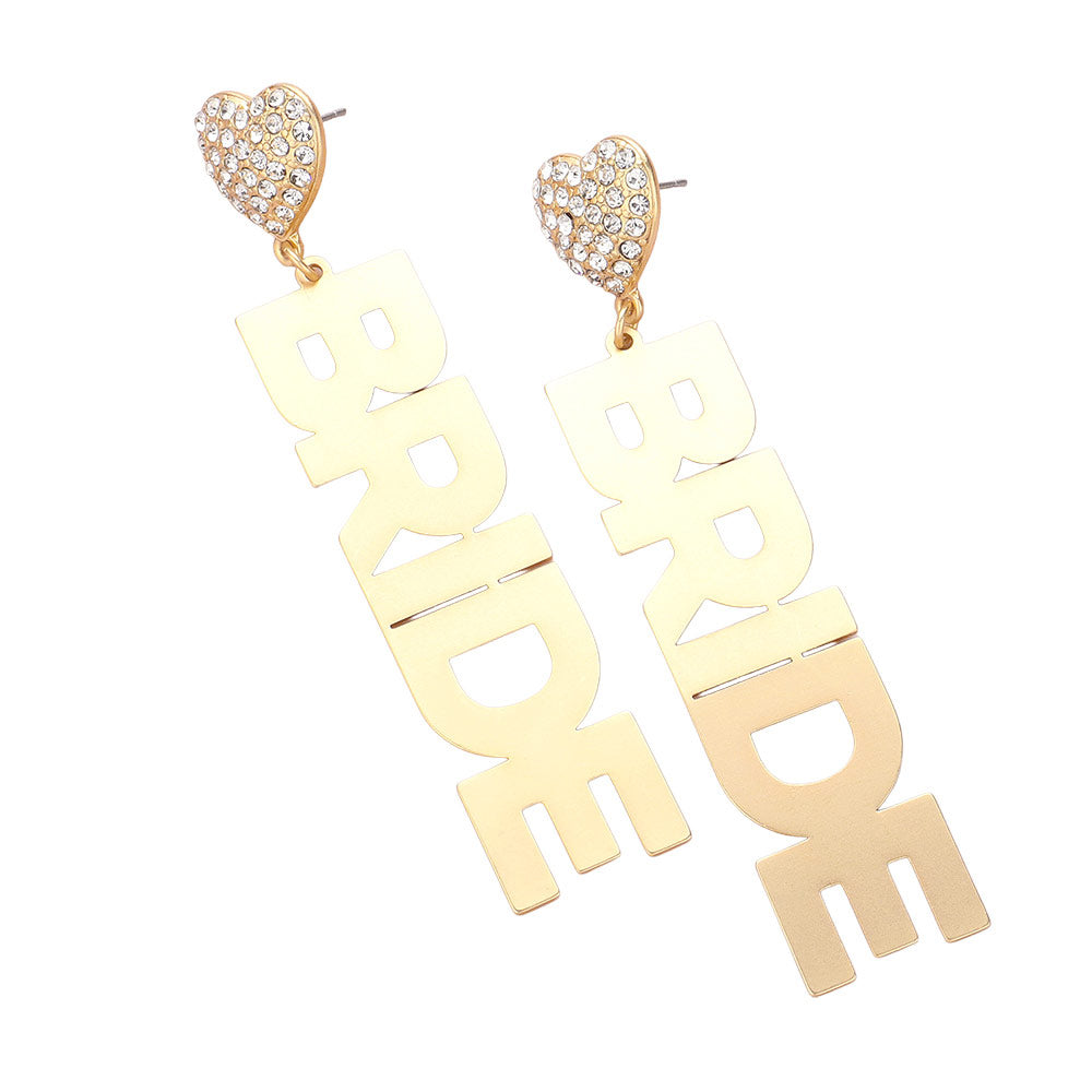Matte Gold Stone Paved Heart Metal BRIDE Message Plate Dangle Earrings, For the bride who wants to make a statement, these are the perfect addition to your wedding day ensemble. With a charming and unique design, these earrings will add a touch of whimsy to your special day. Say "I do" to these playful and stylish earrings!