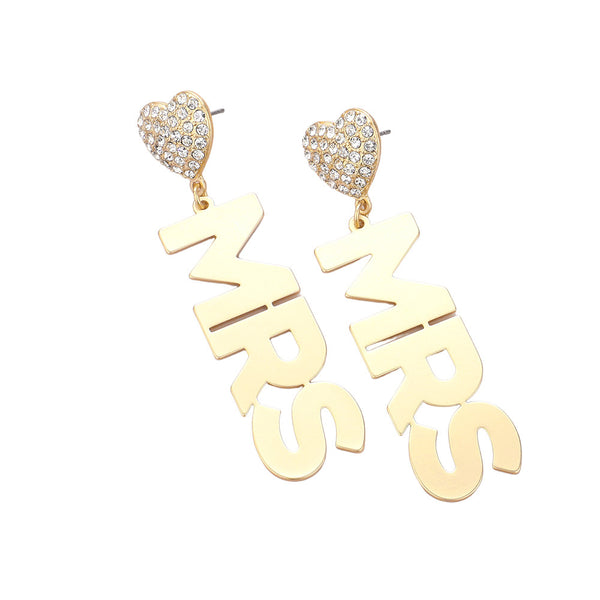 Matte Gold Stone Paved Heart Metal MRS Message Plate Dangle Earrings, Wear your love with these quirky & playful earrings! Adorned with a heart-shaped detail and a dangling MRS message plate, these metal earrings are sure to be eye-catching and add a touch of unique charm to any outfit. Show off your playful side with these.