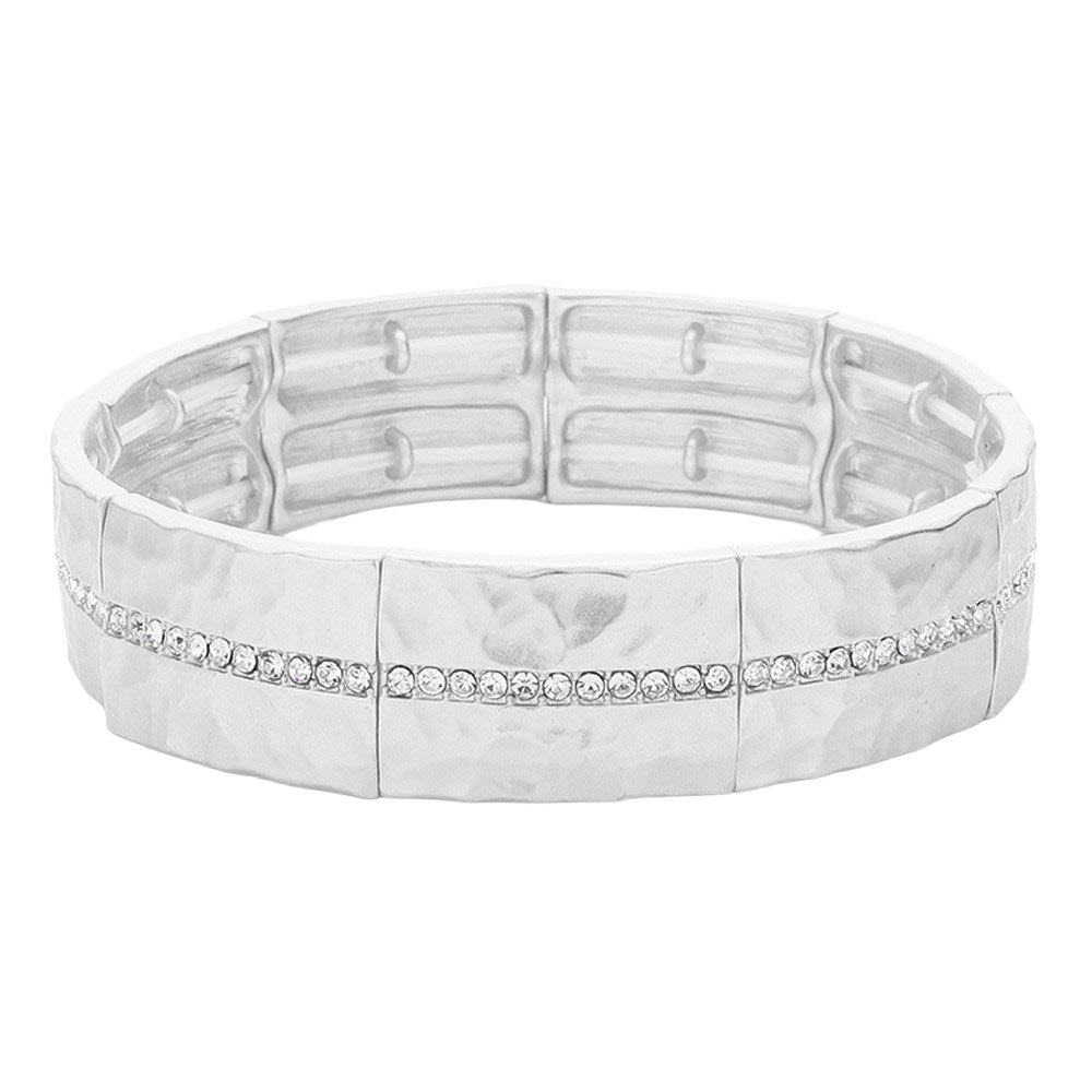 Matte-Silver-Stone Paved Line Center Pointed Hammered Metal Stretch Bracelet, This stylish Metal Stretch Bracelet has a stunning stone-paved line center and a hammered metal finish. With its stretchable design, it offers effortless comfort and versatility. Elevate your style with this must-have bracelet.