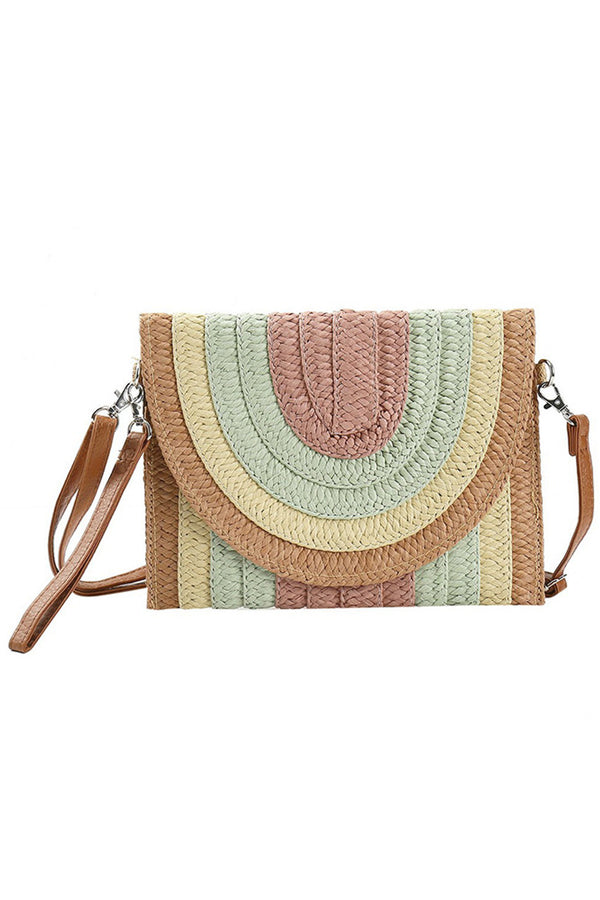 Mauve Multicolor Striped Straw Clutch Crossbody Bag combines vibrant style with practical design. Crafted from durable straw, it features a colorful striped pattern that adds a lively touch to any outfit. The crossbody strap offers hands-free convenience, making it ideal for daily use or special occasions. Its compact size ensures easy carrying while providing enough space for essentials, blending fashion and function seamlessly. 