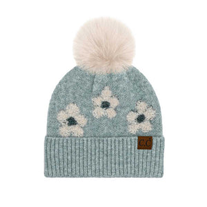 Mint C.C Daisy Pattern Beanie with Pom, stay warm and fashionable in this cozy, stylish beanie with pom. It's soft and warm and made from yarn for superior comfort. The playful pom accent adds a delightful touch of fun to any outfit. Awesome winter gift accessory for birthdays, Christmas, anniversaries, and family.