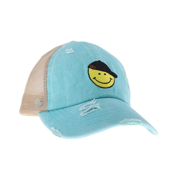 Mint C.C Smiley Face Embroidered Criss Cross High Pony C.C Ball Cap combines practical design with playful style. Featuring an embroidered smiley face and a criss-cross opening at the back, this cap is tailored to comfortably fit high ponytails. Made from durable, breathable fabric, it ensures a secure fit and all-day comfort, making it an excellent choice for active lifestyles or casual wear. This cap offers a smart solution for those who want to keep their hair up without sacrificing style. 
