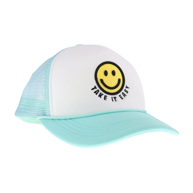 Mint C.C TAKE IT EASY Smiley Face Trucker Cap is the perfect addition to your casual wardrobe. Made with durable materials, this cap offers a comfortable fit and features a fun smiley face design. Stay cool and stylish while protecting your face from the sun