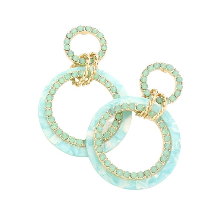 Tired of plain old earrings? Add some pizzazz to your look with these Mint Celluloid Acetate Rhinestone Embellished Open Circle Link Dangle Earrings! Embellished with rhinestones in open circles, these earrings are sure to sparkle. Perfect Birthday Gift, Anniversary Gift, Christmas Gift, Regalo Navidad, Regalo Cumpleanos