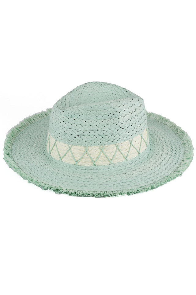 Mint Chevron Band Frayed Two Tone Straw Sun Hat designed two-tone straw sun hat showcases a sophisticated chevron band and artisanal frayed detailing. The contrasting tones create visual interest while the premium straw material offers superior UV protection without sacrificing ventilation. An essential accessory for the discerning individual seeking both sun protection and elevated warm-weather style. 