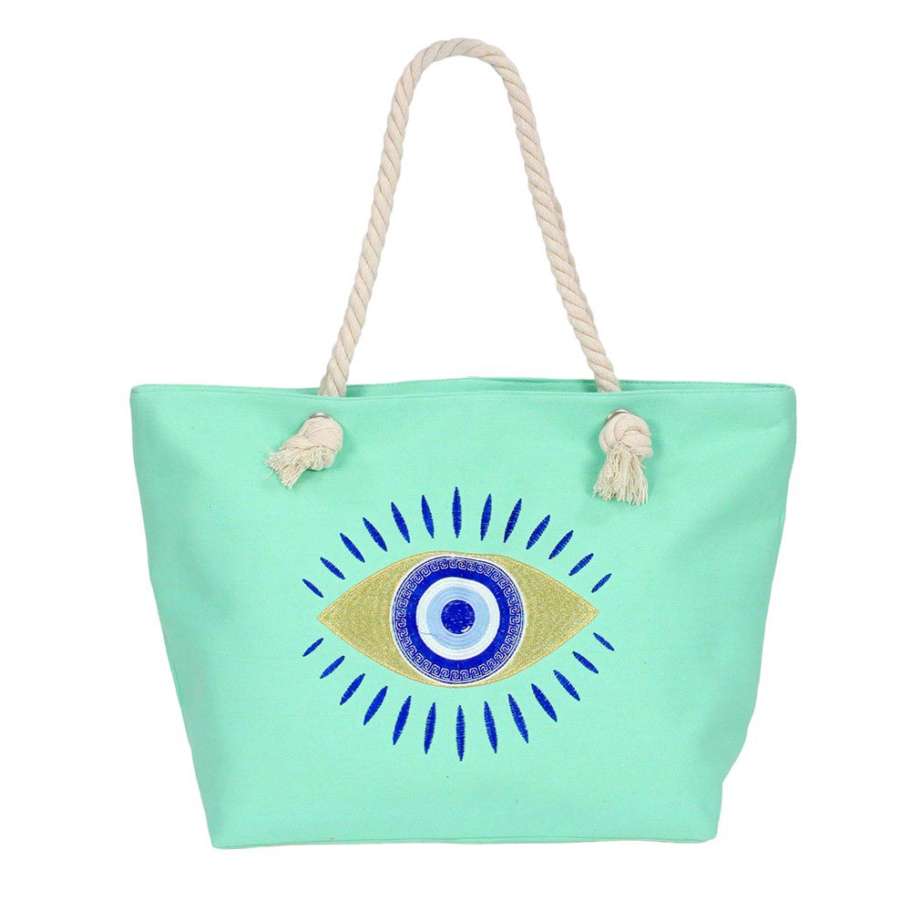 Mint Evil Eye Beach Bag Tote Bag combines fashion and protection, making it the ultimate beach essential. With its vibrant design and sturdy construction, it's perfect for carrying all your beach essentials while warding off any negative energy. Stay stylish and protected with this must-have tote bag.