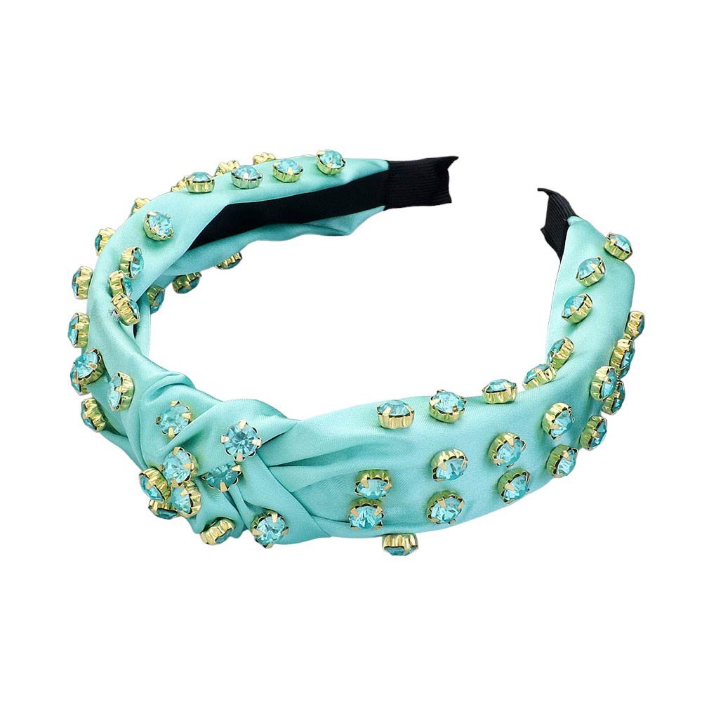 Mint Glass Stone Cluster Decorated Knot Headband, This elegant headband is the perfect accessory for adding a touch of glamour to any outfit. The sparkling glass stones and intricate knot design create a luxurious and stylish look. Made from high-quality materials, this headband is both durable and beautiful.