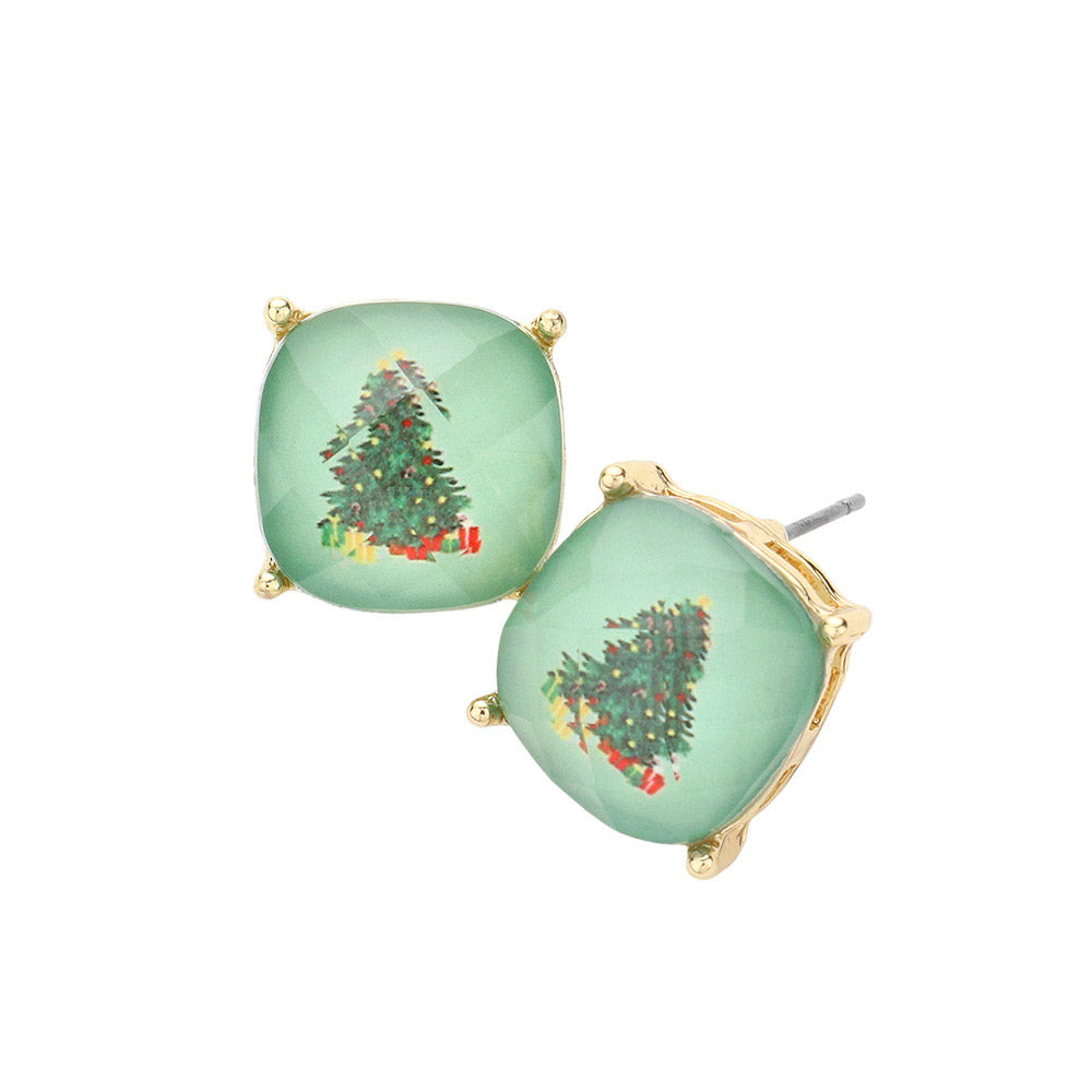 Mint Gold Dipped Christmas Tree Cushion Square Stud Earrings, These unique, and beautiful Earrings are the perfect holiday accessory! Highlight your appearance, and grasp everyone's eye at the Christmas party. Great gift idea for your Wife, Mom, your Loving one, or any family member this Christmas.