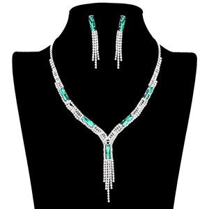 Mint Gold Rectangle Stone Accented Rhinestone Fringe Tip Jewelry Set, perfect for adding a touch of elegance to any special occasion outfit. Featuring a beautiful rectangle stone accent, this necklace and earring set will be a unique addition to any jewelry collection. Perfect gift choice for loved ones on any special day.