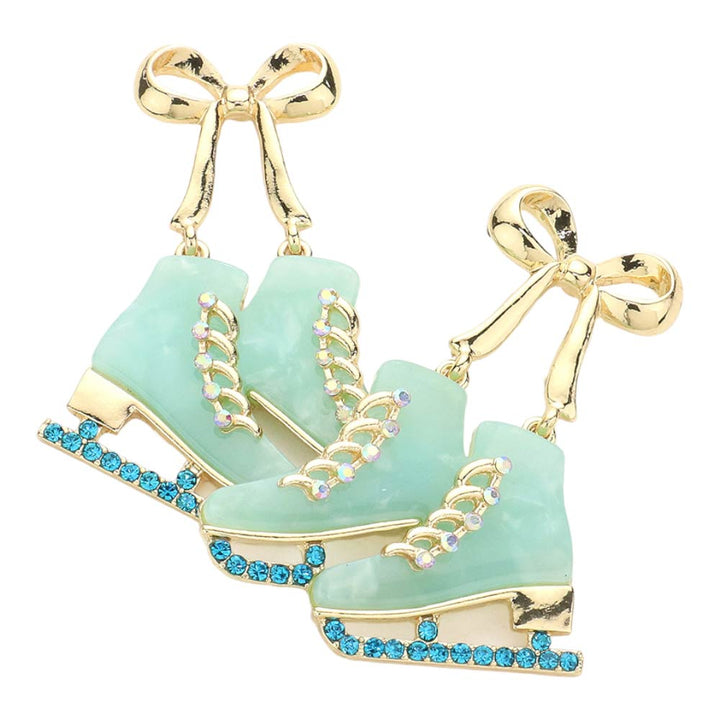 Mint Metal Bow Stone Embellished Celluloid Acetate Skate Earrings, celluloid acetate dangle earrings are fun handcrafted jewelry that fits your lifestyle, adding a pop of pretty color. Enhance your attire with these bow earrings to show off your fun trendsetting style. Great gift idea for your Wife, Mom, or any person.