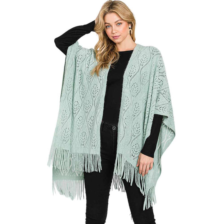 Mint Patterned Fringe Ruana Poncho, with the latest trend in ladies' outfit cover-up! the high-quality knit ruana poncho is soft, comfortable, and warm but lightweight. It's perfect for your daily, casual, party, evening, vacation, and other special events outfits. A fantastic gift for your friends or family.