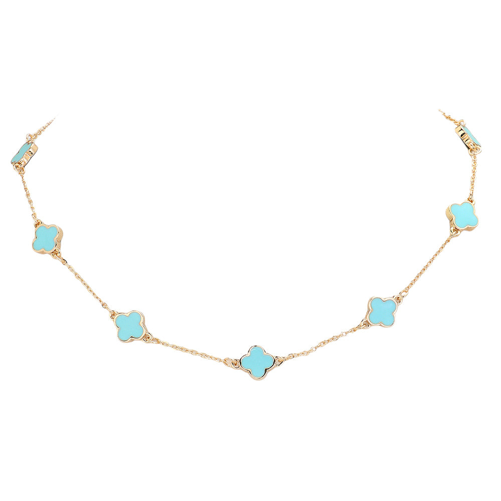Mint Quatrefoil Station Necklace is a sophisticated and timeless piece to elevate any outfit. Crafted with our unique quatrefoil design, this necklace is perfect for everyday wear or special occasions. Made with high-quality materials, it's a must-have staple for any jewelry collection.