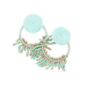 Mint Rope Wrapped Beaded Fringe Open Circle Earrings, are fun handcrafted jewelry that fits your lifestyle, adding a pop of pretty color. Highlight your appearance, and grasp everyone's eye at your party. These are Great gifts idea for your Wife, Mom, your Loving one, or family member.