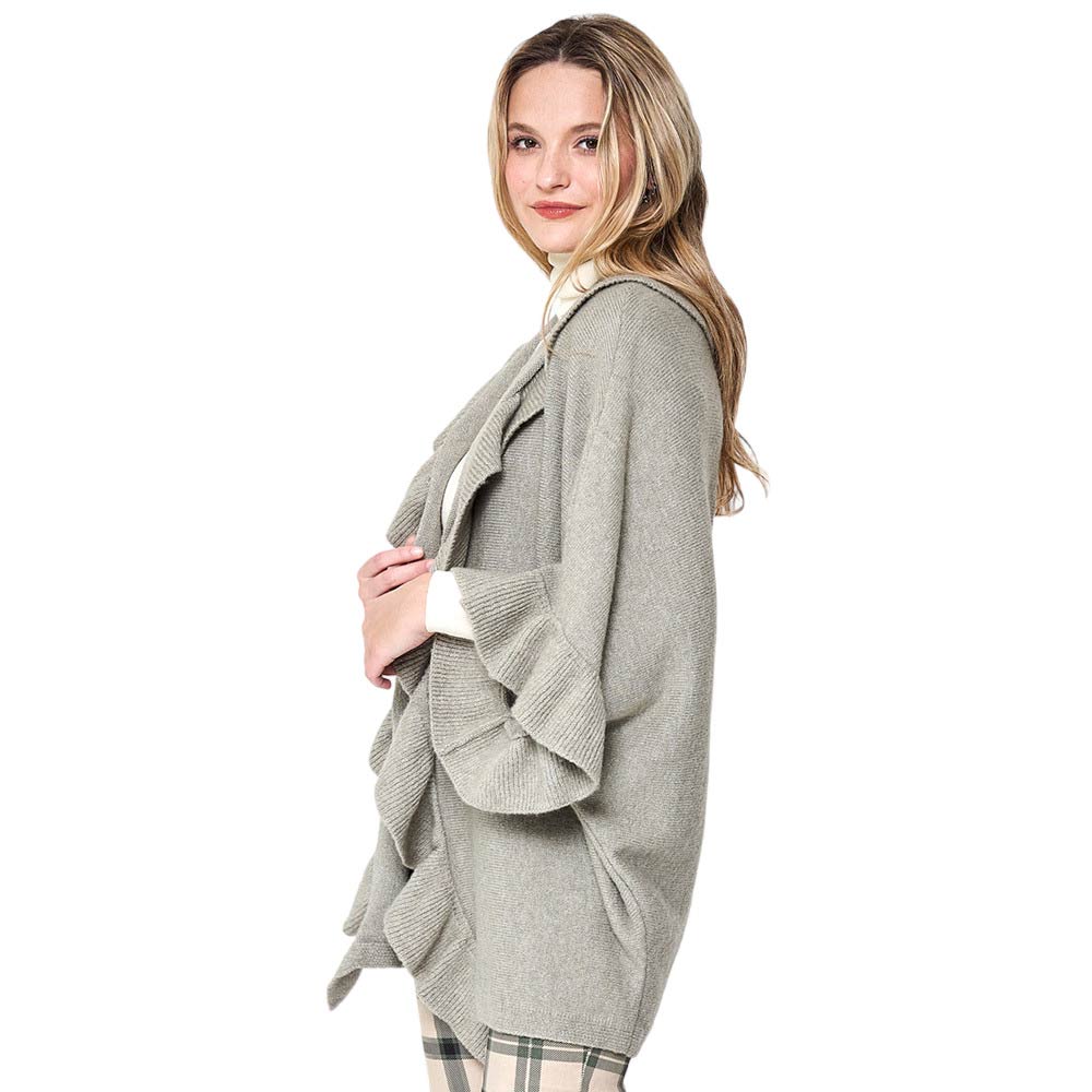 Mint Ruffle Knit Cardigan, Featuring a unique ruffle detailing and crafted from soft knit fabric, this cardigan offers both comfort and style. Perfect for layering with your winter wardrobe, you'll feel comfortable and fashionable in any situation. Ideal winter gift to fashion forwarded friends and family members.
