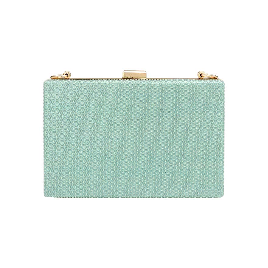 Mint Shimmery Rectangle Evening Clutch Crossbody Bag, This shimmery evening clutch crossbody bag is featuring a bright, sparkly finish giving. This is the perfect evening for any fancy or formal occasion when you want to accessorize your dress, or evening attire during a wedding, bridesmaid bag, formal, or on date night.