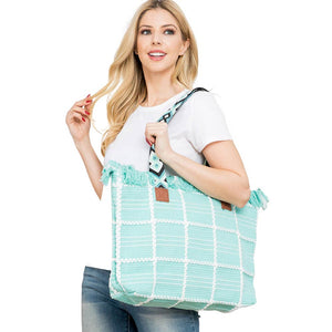 Mint Top Fringe Pointed Check Patterned Tote Bag, this tote bag is versatile enough for carrying through the week. Simple and leisurely, elegant and fashionable, suitable for women of all ages to carry around all day. Perfect for traveling, beach, shopping, camping, dating, and other outdoor activities in daily life.