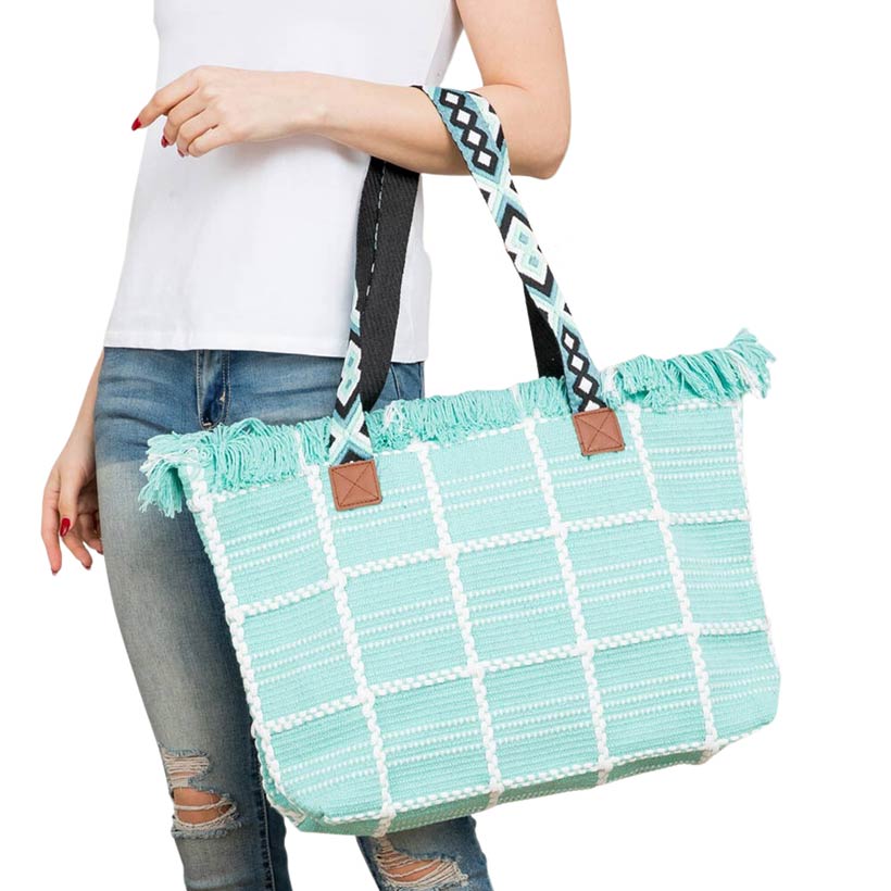 Mint Top Fringe Pointed Check Patterned Tote Bag, this tote bag is versatile enough for carrying through the week. Simple and leisurely, elegant and fashionable, suitable for women of all ages to carry around all day. Perfect for traveling, beach, shopping, camping, dating, and other outdoor activities in daily life.