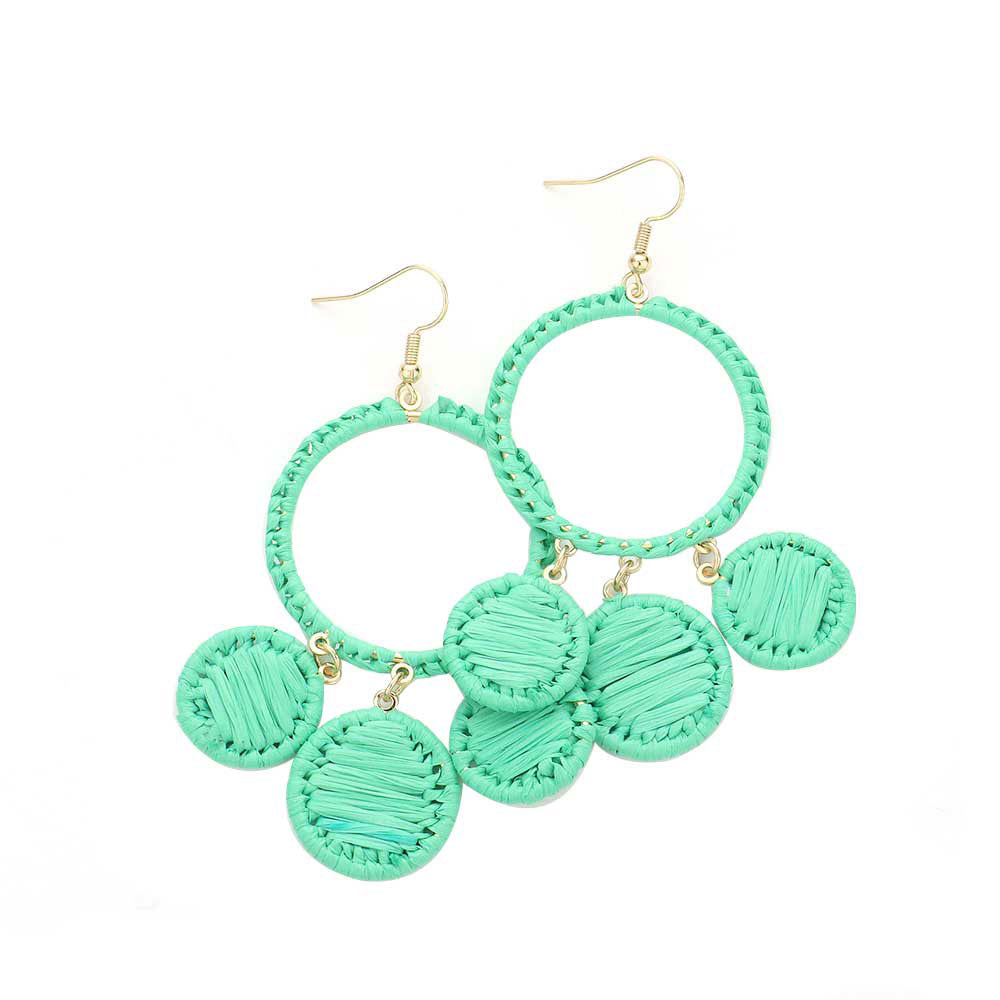 Mint Woven Raffia Open Circle Triple Round Link Dangle Earrings. The Beautifully crafted design adds a glow to any outfit. Look like the ultimate fashionista with these swirl raffia triple round link earrings! Which easily makes your events more enjoyable. These earrings make you extra special on occasion. These swirl raffia round earrings enhance your beauty and make you more attractive. These dangle earrings make your source more interesting and colorful. 