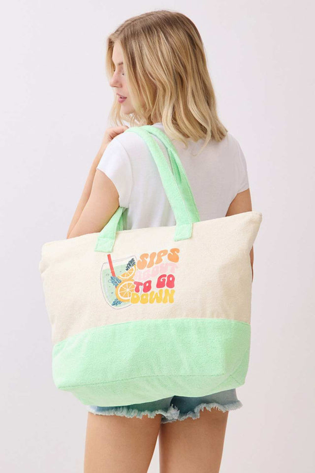 Mint Brighten your summer days with this vibrant terry tote bag featuring a cheerful "HELLO SUMMER" letter design and playful flamingo motif. Crafted from a durable polyester and polyamide blend, this spacious 22" x 16" x 6" bag is perfect for beach trips, shopping, or everyday adventures. The secure zipper closure keeps your essentials safe, while the convenient inner pocket adds extra organization. Whether you're heading to the shore or running errands around town, this fun and functional tote brings a sp