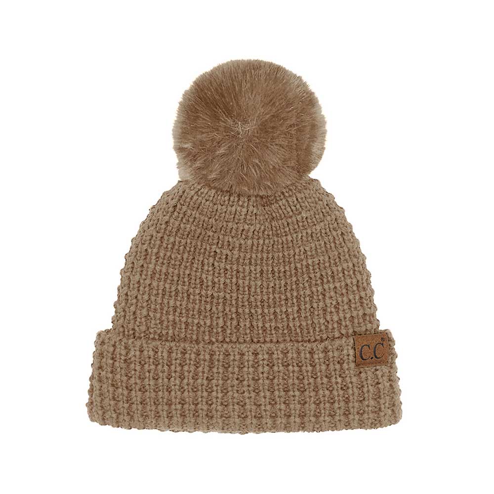 Mocha C.C Waffle Knit Pattern Cuff Pom Pom Beanie Hat, Stay warm in style with this. Made from a warm and cozy waffle knit pattern with a fashionable cuff and a pom pom on top, this beanie hat is sure to keep you warm in any weather and make you stand out in the crowd. Perfect winter gift idea.