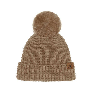 Mocha C.C Waffle Knit Pattern Cuff Pom Pom Beanie Hat, Stay warm in style with this. Made from a warm and cozy waffle knit pattern with a fashionable cuff and a pom pom on top, this beanie hat is sure to keep you warm in any weather and make you stand out in the crowd. Perfect winter gift idea.