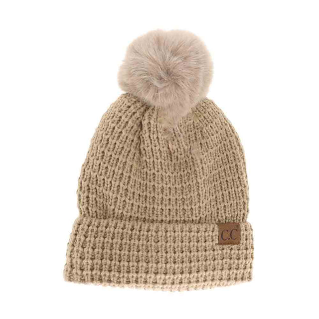 Mocha C.C Waffle Knit Pattern Cuff Pom Pom Beanie Hat, Stay warm in style with this. Made from a warm and cozy waffle knit pattern with a fashionable cuff and a pom pom on top, this beanie hat is sure to keep you warm in any weather and make you stand out in the crowd. Perfect winter gift idea. 