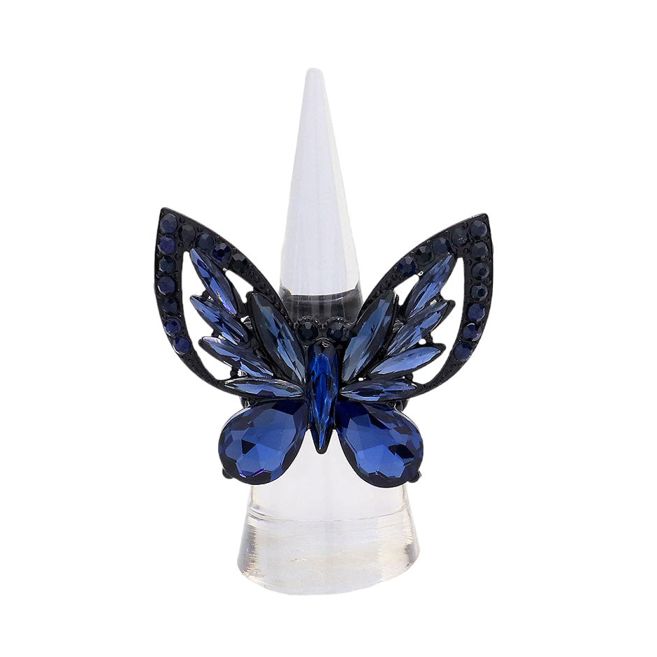 Jet Black Multi Stone Embellished Butterfly Stretch Ring, is nicely designed with a Bug, Butterfly-theme that has a beautiful charm that attracts eyesight and leads to a smile. These are Perfect for Birthday Gifts, Anniversary Gifts, Mother's Day gifts, Graduation gifts, Prom Jewelry, Thank you, and Valentine's Day gifts.