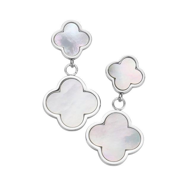 Mother Of Pearl stainless steel quatrefoil link dangle earrings offer a sleek and modern style. Made with high-quality stainless steel, they are durable and resistant to tarnishing, ensuring long-lasting wear. The unique quatrefoil design adds a touch of sophistication to any outfit. A must-have addition to your jewelry collection.