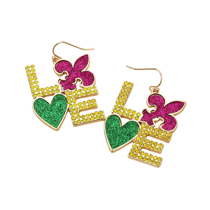 Multi-1-Stone Paved Sparkly Mardi Gras LOVE Dangle Earrings are the perfect accessory for any occasion. The intricate stone-pave design creates a stunning, eye-catching sparkle, while the dangling 'LOVE' charm adds a sentimental touch. Elevate your style and spread love with these beautiful earrings.