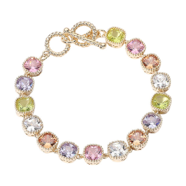 Multi 14K Gold Plated Square CZ Stone Link Evening Toggle Bracelet adds a touch of elegance to any outfit. The sparkling CZ stones and sturdy toggle clasp make it the perfect accessory for special occasions. Enjoy the luxurious look and feel of this high-quality bracelet