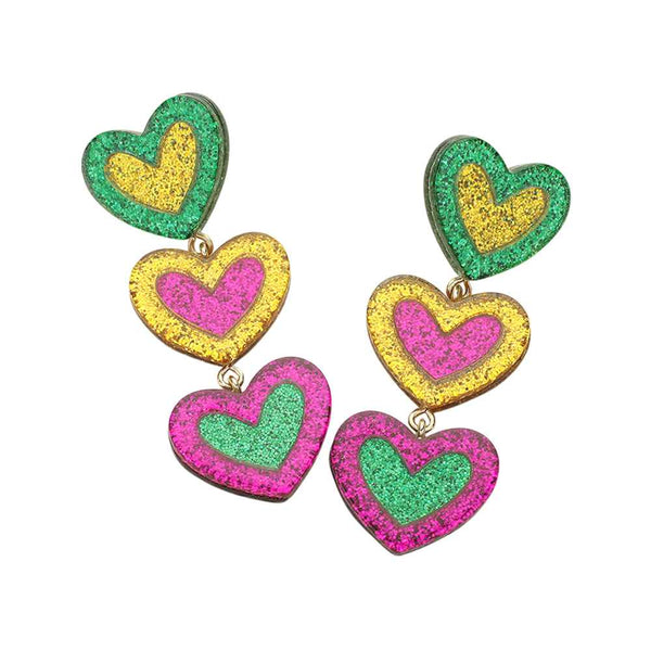 Multi-2-Glittered Resin Mardi Gras Triple Heart Link Dropdown Earrings add a touch of festive glamour to any outfit. Made from high-quality resin, these earrings feature a sparkling glitter design and a unique triple heart link dropdown style. Perfect for Mardi Gras celebrations or any special occasion. 