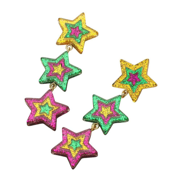 Multi-2- Glittered Resin Mardi Gras Triple Star Link Dropdown Earrings are the ultimate accessory for festive occasions. Crafted from high-quality resin, they feature a glittered design with a unique triple-star dropdown style. Elevate your outfit and shine with these stunning earrings.